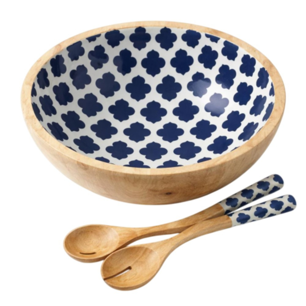 Large Mango Wood Salad Bowl Set with Matching Blue Checkered Enamel Spoons