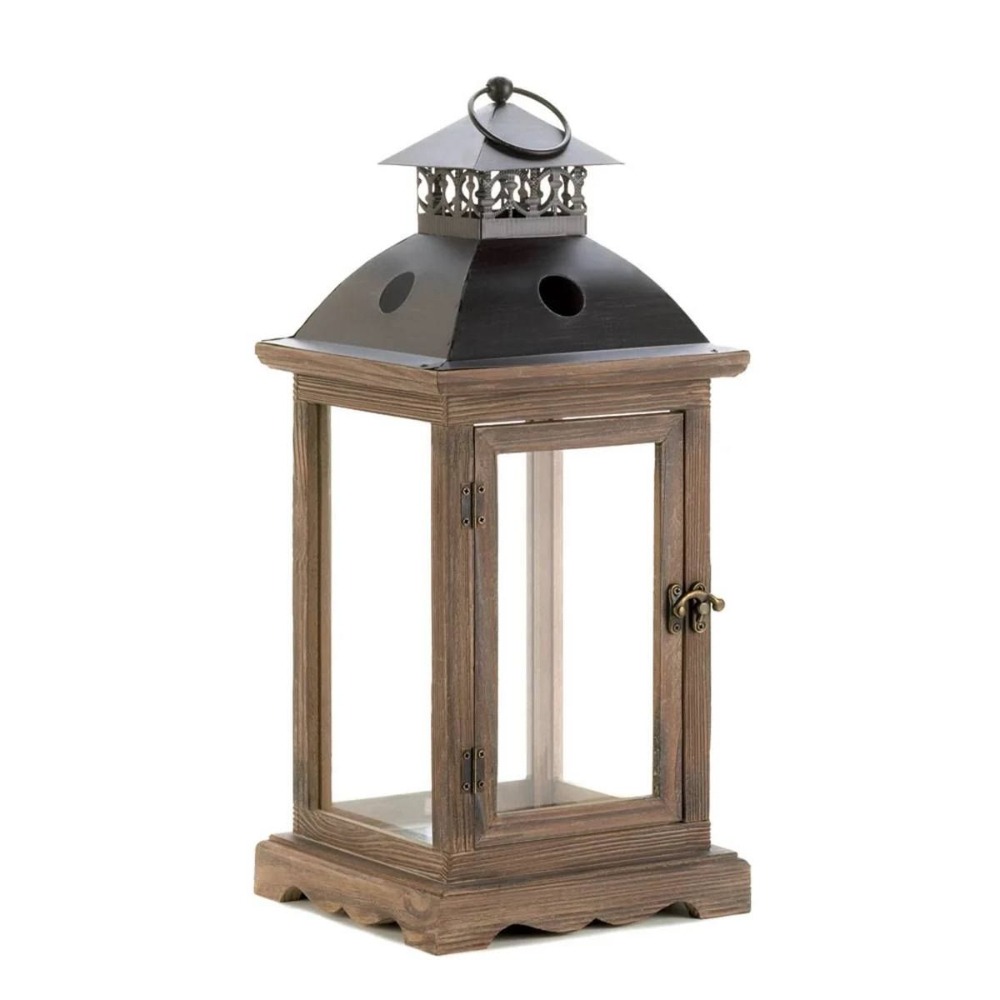 Rustic Farmhouse Wooden Lantern With Glass Panels With Metal Handle 