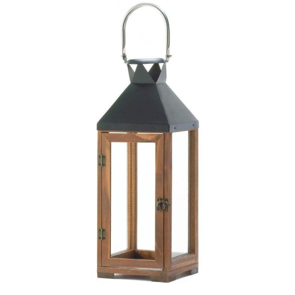 Classic Wooden Lantern With Glass Panels With Metal Handle 