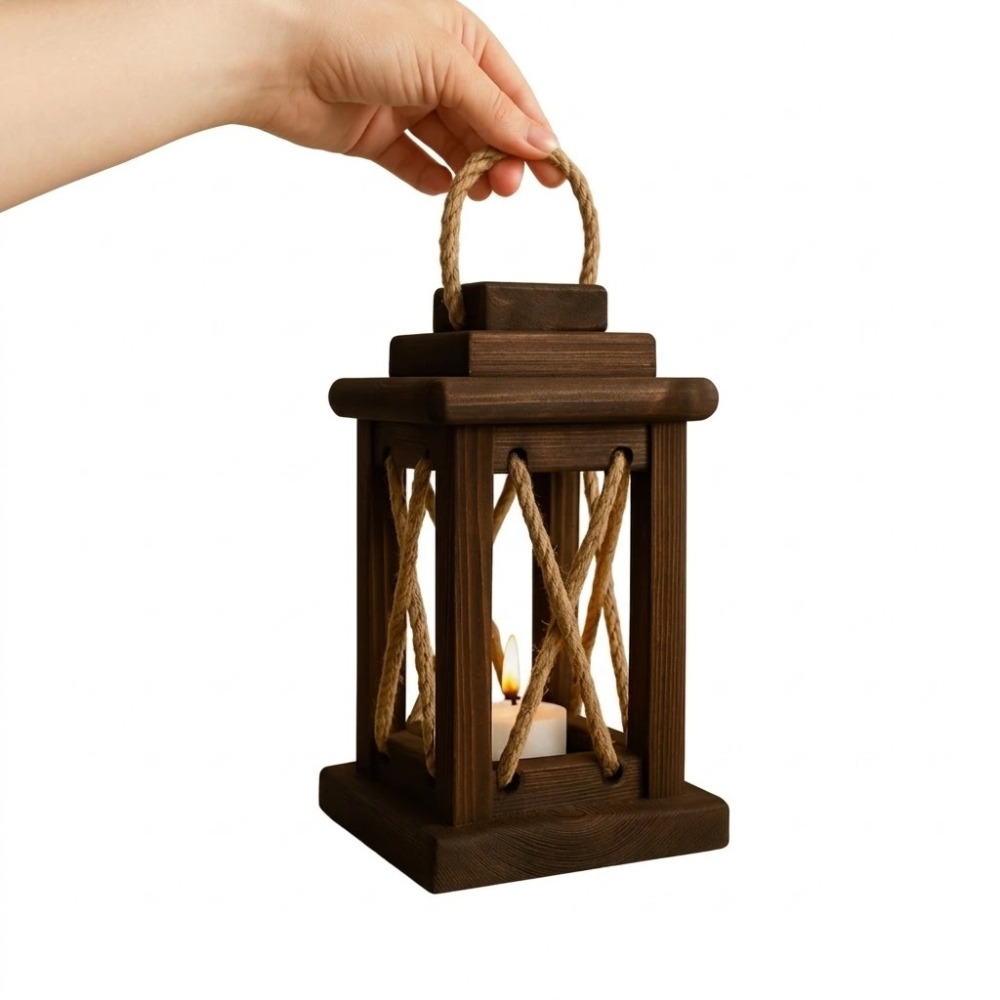 Classic Wooden Lantern With Glass Panels With Metal Handle  6