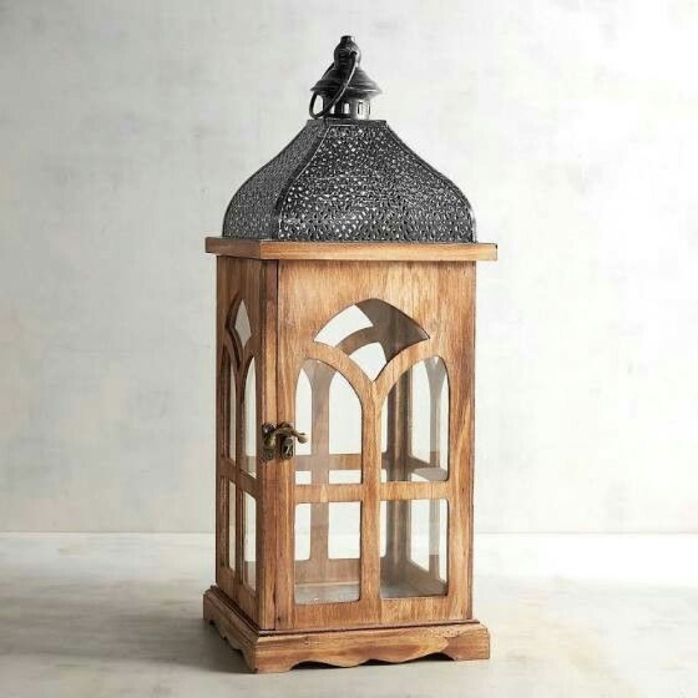 Decorative  Wooden Lantern With Glass Panels With Metal Handle
