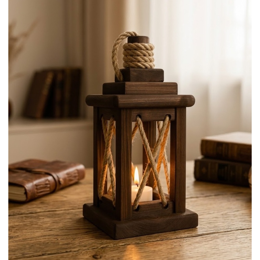 Decorative  Wooden Lantern With Glass Panels With Metal Handle 6