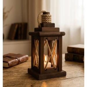 Decorative  Wooden Lantern With Glass Panels With Metal Handle 6