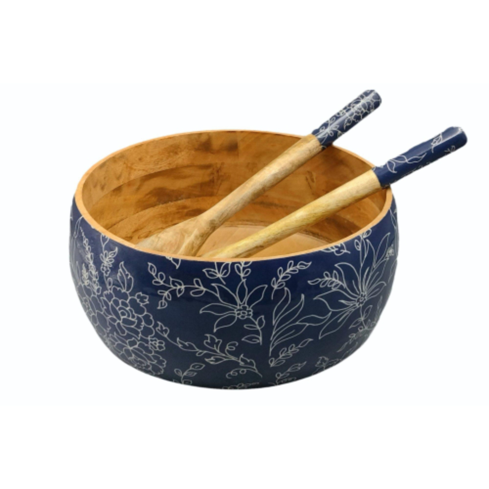 Wood Salad Bowl Set with Servers Premium Floral Enamel Print Serving Bowl