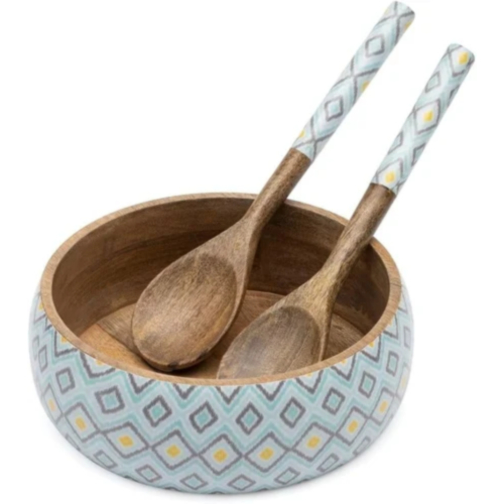 Wood Salad Bowl Set with Geometric Enamel Print Wooden Serving Bowl with Matching Server Spoon and Fork - Copy