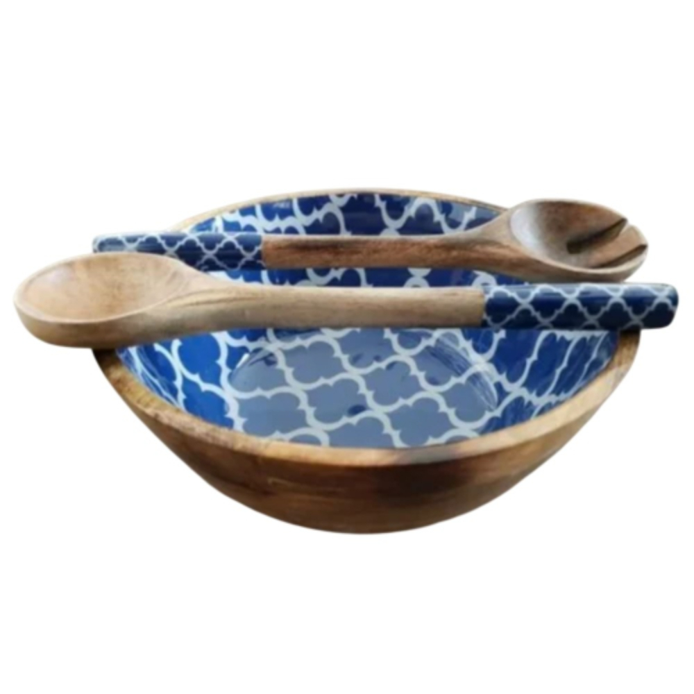 Wooden Salad Bowl Set with Serving Spoons Blue Moroccan Pattern Serving Bowl Decorative Fruit Bowl