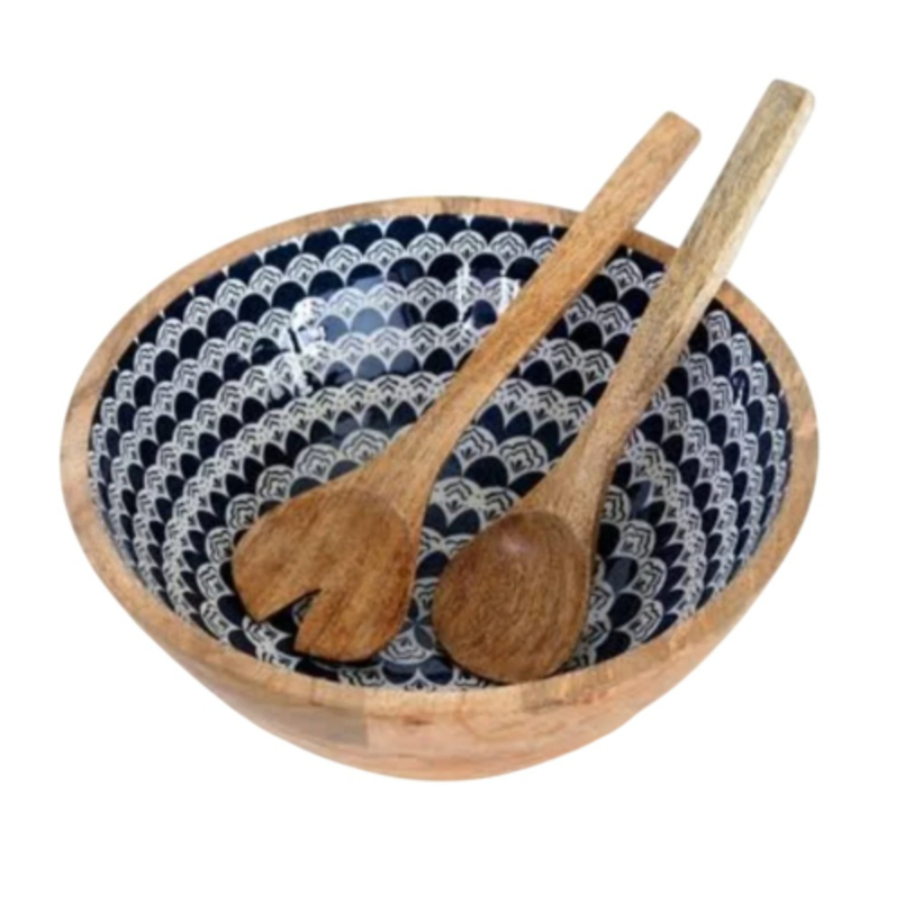 Modern Wooden Salad Bowl Set with Serving Utensils Blue Scallop Pattern Decorative Bowl