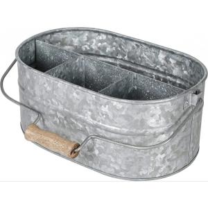 Rustic Galvanized Cutlery Caddy with Wooden Handle - 4 Divided Compartments Metal Utensil Holder Tote for Picnic, Party, and Outdoor Dining Silverware Organizer