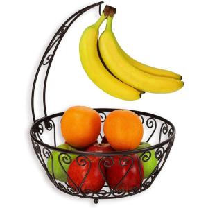 2-in-1 Metal Wire Fruit Basket Bowl with Detachable Banana Hanger Tree, Decorative Scroll Design Countertop Storage Organizer Stand for Kitchen Fruits and Vegetables, Bronze Finish