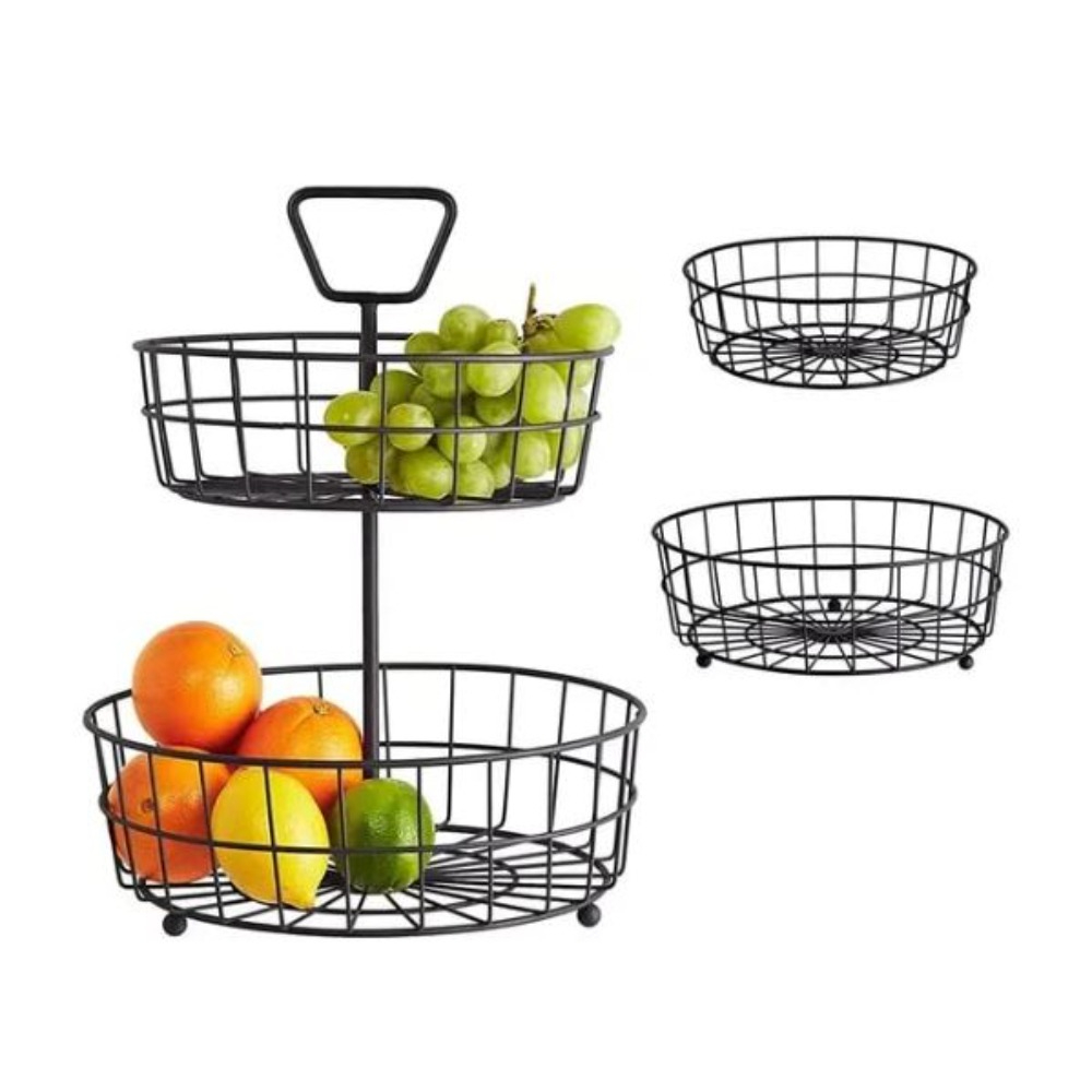 Modern Two Layer Round Iron Mesh Produce Holder Heavy Duty Rustproof Tiered Fruit Basket Centerpiece For Dining Table