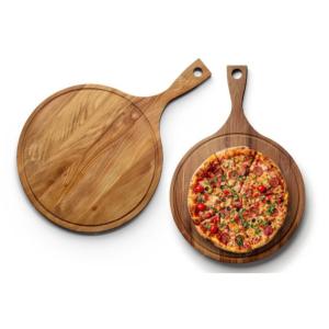 Durable Natural Hardwood Pizza Cutting Board Tray Factory Custom Logo Pizza Paddle Spatula Commercial Restaurant Serving Platters & Round Chopping Block with Hanging Hole