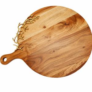 Premium Wooden Platter with Botanical Gold Accent Branch, Bulk Round Food Serving Board with Easy-Grip Handle Rustic Luxury Tableware for Restaurant Catering and Fine Dining Decor