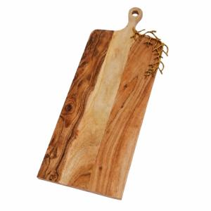 Wholesale Handcrafted Luxury Acacia Wooden Platter with Elegant Gold Metal Floral Inlay Handle Charcuterie Cheese Board Serving Tray for Hotel Restaurant Home Decor