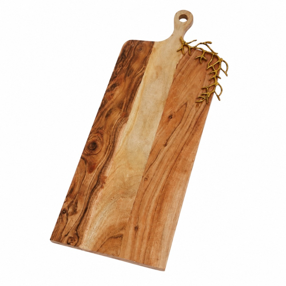 Wholesale Handcrafted Luxury Acacia Wooden Platter with Elegant Gold Metal Floral Inlay Handle Charcuterie Cheese Board Serving Tray for Hotel Restaurant Home Decor