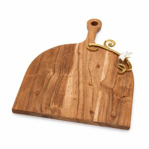 Wholesale Handcrafted Luxury Acacia Wooden Platter with Elegant Gold Metal Floral Inlay Handle Charcuterie Cheese Board Serving Tray for Hotel Restaurant Home Decor 2