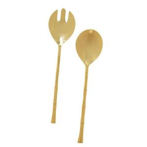 Luxury Gold Bamboo Salad Servers Set of 2  Stainless Steel Serving Spoon and Fork Metal Flatware Set for Hotel Restaurant