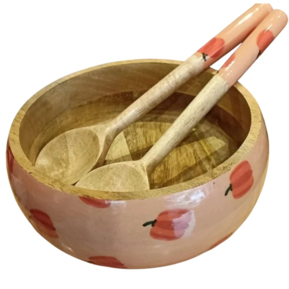 Mango Wood Salad Bowl Set with 2 Servers Enamel Printed Fruit Serving Bowl