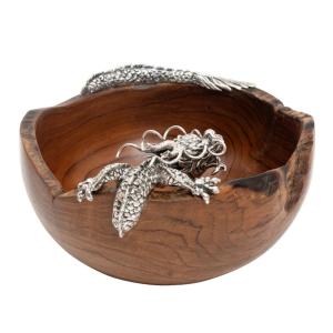 Handcrafted Teak Root Bowl with Sterling Silver Dragon Accent  Luxury Natural Grain Decorative Wooden Bowl and Exotic Fruit Centerpiece for High-End Home & Hotel Decor