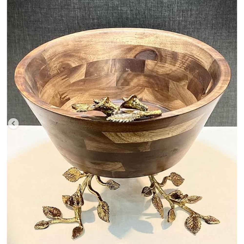 Premium Handcrafted Wooden Bowl with Brass Leaf Pedestal Stand  Luxury Decorative Fruit Salad Serving Bowl for Home Hotel Centerpiece Tableware Wholesale