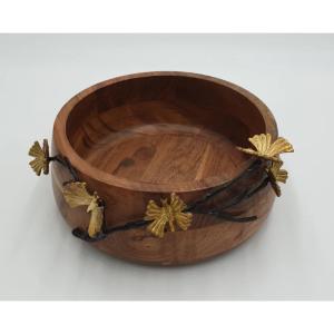 Premium Handcrafted Wooden Bowl with Brass Leaf Pedestal Stand  Luxury Decorative Fruit Salad Serving Bowl for Home Hotel Centerpiece Tableware Wholesale 2