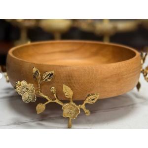 Premium Handcrafted Wooden Bowl with Brass Leaf Pedestal Stand  Luxury Decorative Fruit Salad Serving Bowl for Home Hotel Centerpiece Tableware Wholesale 3