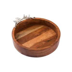 Luxury Handcrafted Wooden Serving Bowl with Premium Metal Bird Handle Decorative Round Wood Fruit Salad Platter for Hotel Restaurant Tableware