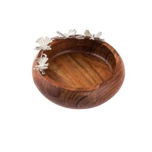Luxury Handcrafted Wooden Serving Bowl with Premium Metal Bird Handle Decorative Round Wood Fruit Salad Platter for Hotel Restaurant Tableware 2