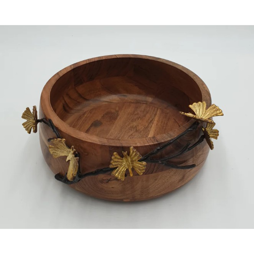 Luxury Handcrafted Wooden Serving Bowl with Premium Metal Bird Handle Decorative Round Wood Fruit Salad Platter for Hotel Restaurant Tableware 3