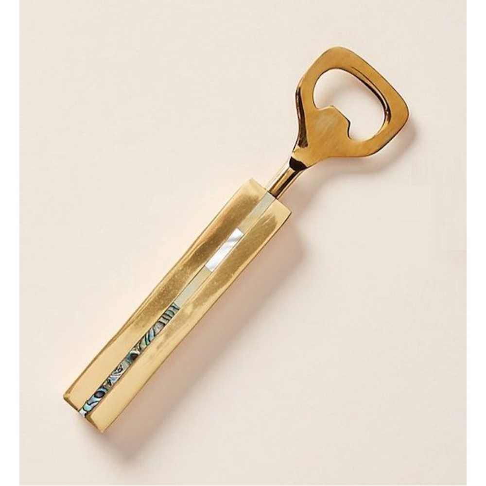 Luxury Brass Bottle Opener with Mother of Pearl Inlay Heavy Duty Golden Beer Cap Opener Elegant Custom Barware Tools for Wedding Favors and Corporate Gifting