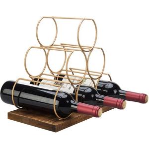 Wholesale Luxury Wine Storage Shelf Metal 6 Bottles Holder with Wood Gold Base Custom Logo Freestanding Tabletop Kitchen Organizer