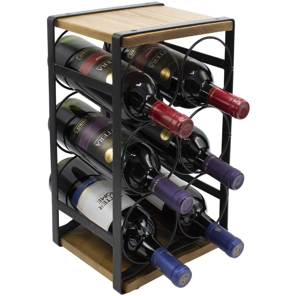 3-Tier 6 Bottle Tabletop Wine Rack Modern Industrial Metal and Wood Countertop Wine Bottle Holder Storage Stand for Home Bar