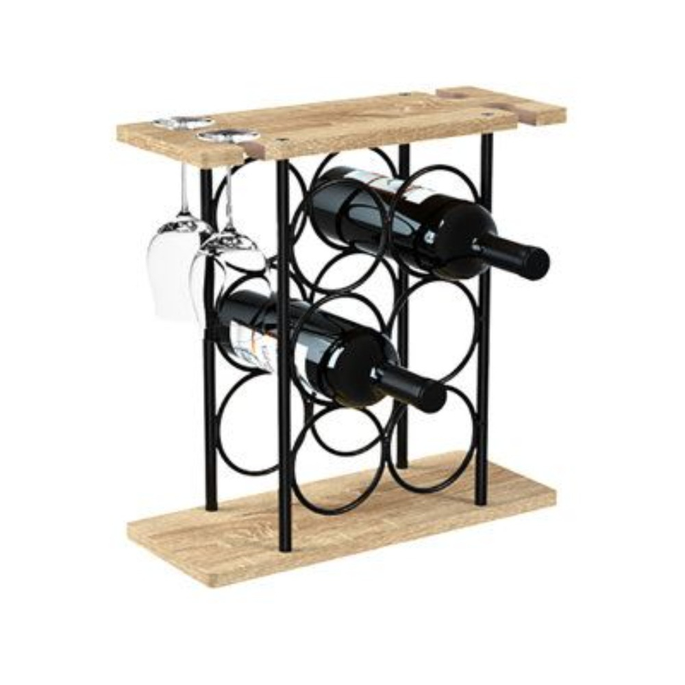 3-Tier 6 Bottle Tabletop Wine Rack Modern Industrial Metal and Wood Countertop Wine Bottle Holder Storage Stand for Home Bar 3