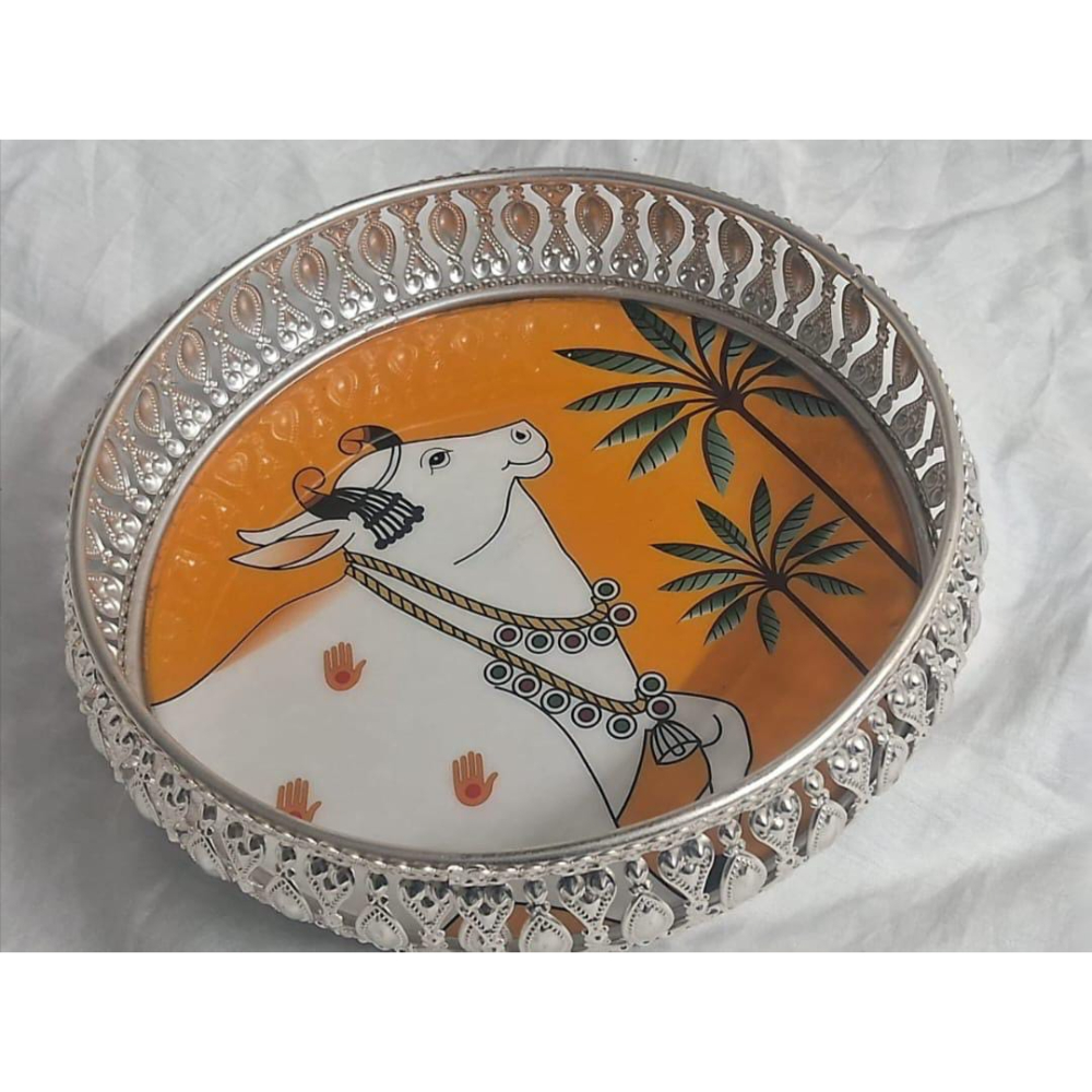 Silver Decorative Tray Kamadhenu Cow & Lotus Design |Metal Serving Platter for Dry Fruits Pooja and Luxury Diwali Gifting  2