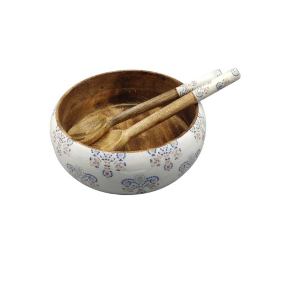Wood Salad Bowl Set with Enamel Printed Serving Spoon and Fork Large Decorative Wooden Serving Bowl