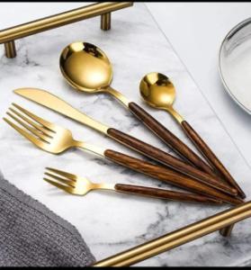 Luxury Gold Cutlery Set with Designer Wood-Grain Handles – 5 Piece