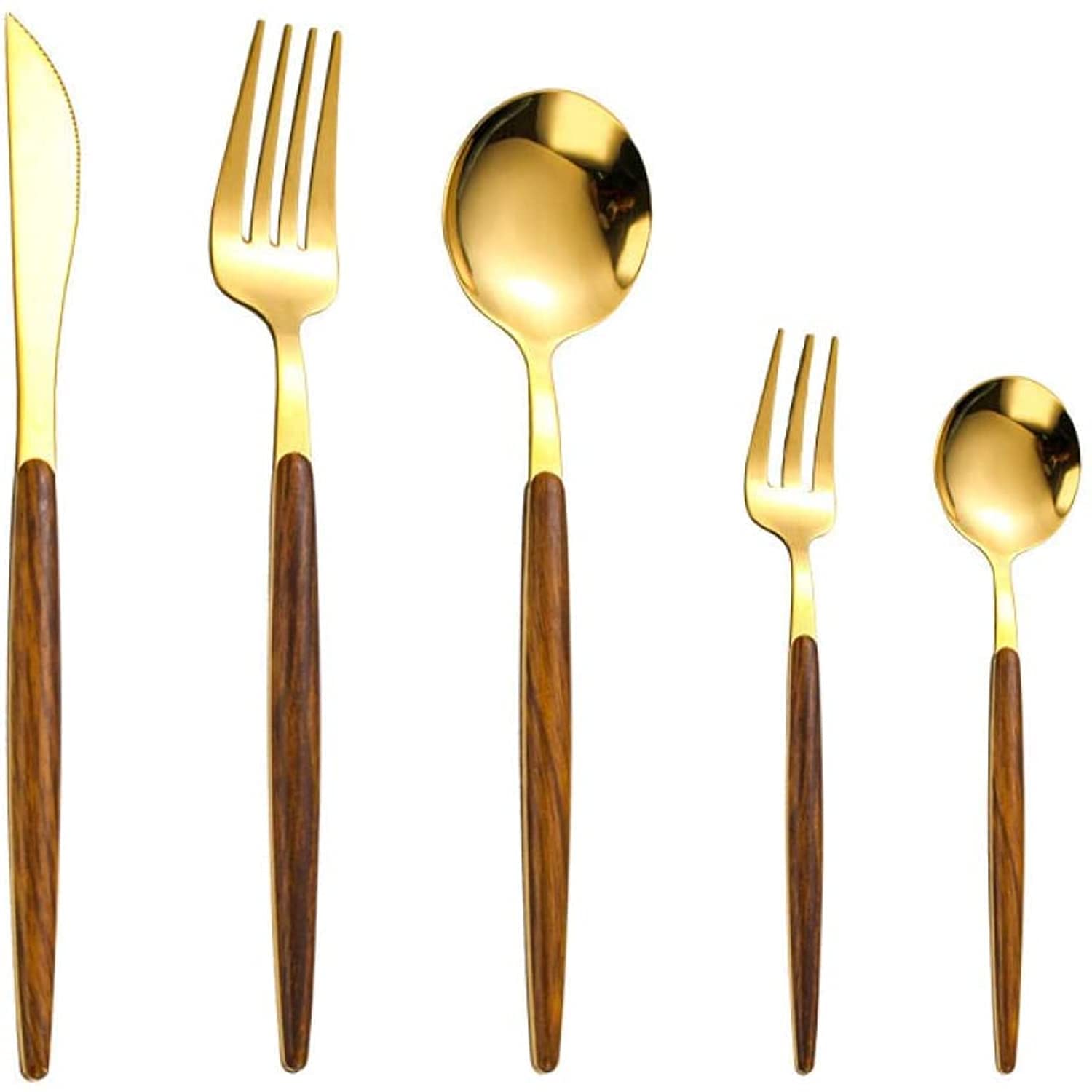 Luxury Gold Cutlery Set with Designer Wood-Grain Handles – 5 Piece 2