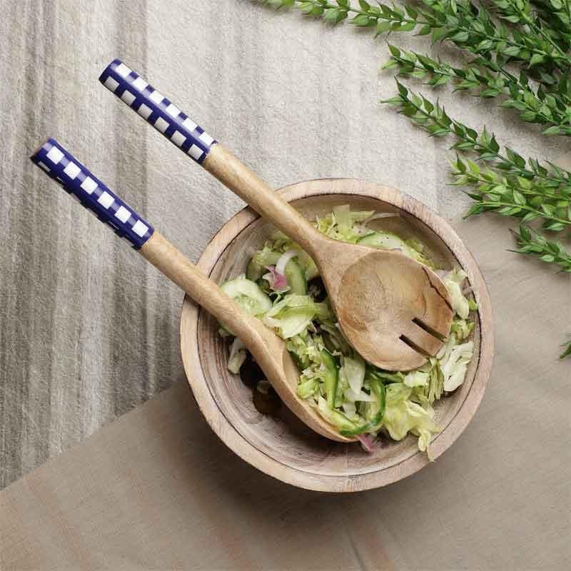 Natural Wooden Salad Servers with Blue & White Checkered Handles – Set of 2 2