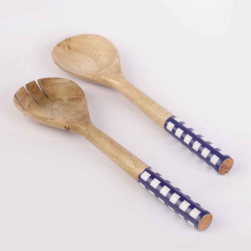 Natural Wooden Salad Servers with Blue & White Checkered Handles – Set of 2 3