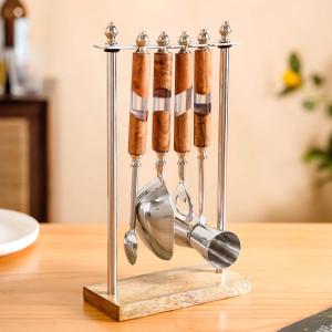 Premium Stainless Steel Bar Tools Set with Wooden Handles & Display Stand