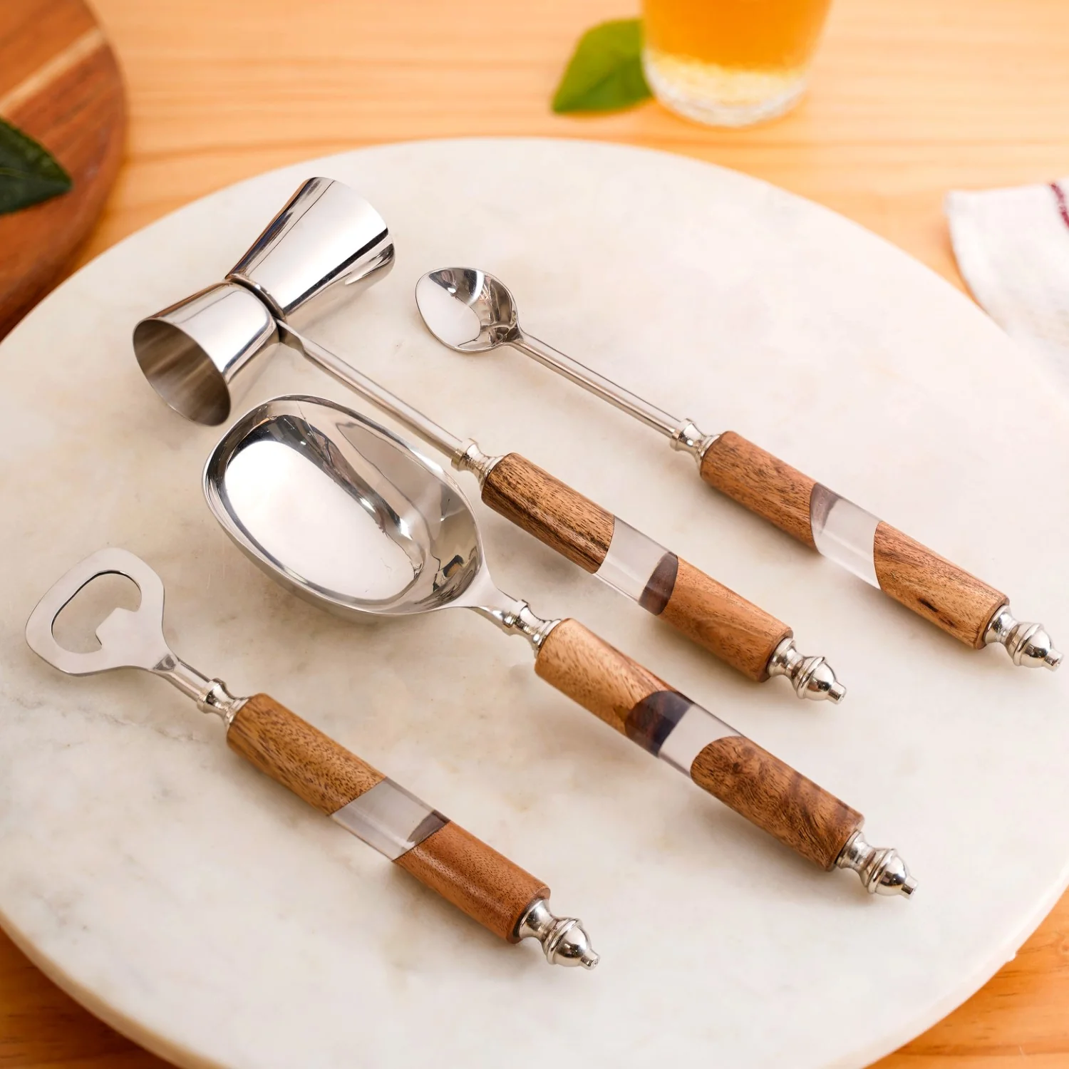 Premium Stainless Steel Bar Tools Set with Wooden Handles & Display Stand 2