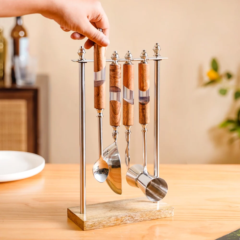 Premium Stainless Steel Bar Tools Set with Wooden Handles & Display Stand 3