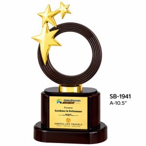 Custom Gold Star Ring Trophy Award with Wooden Base