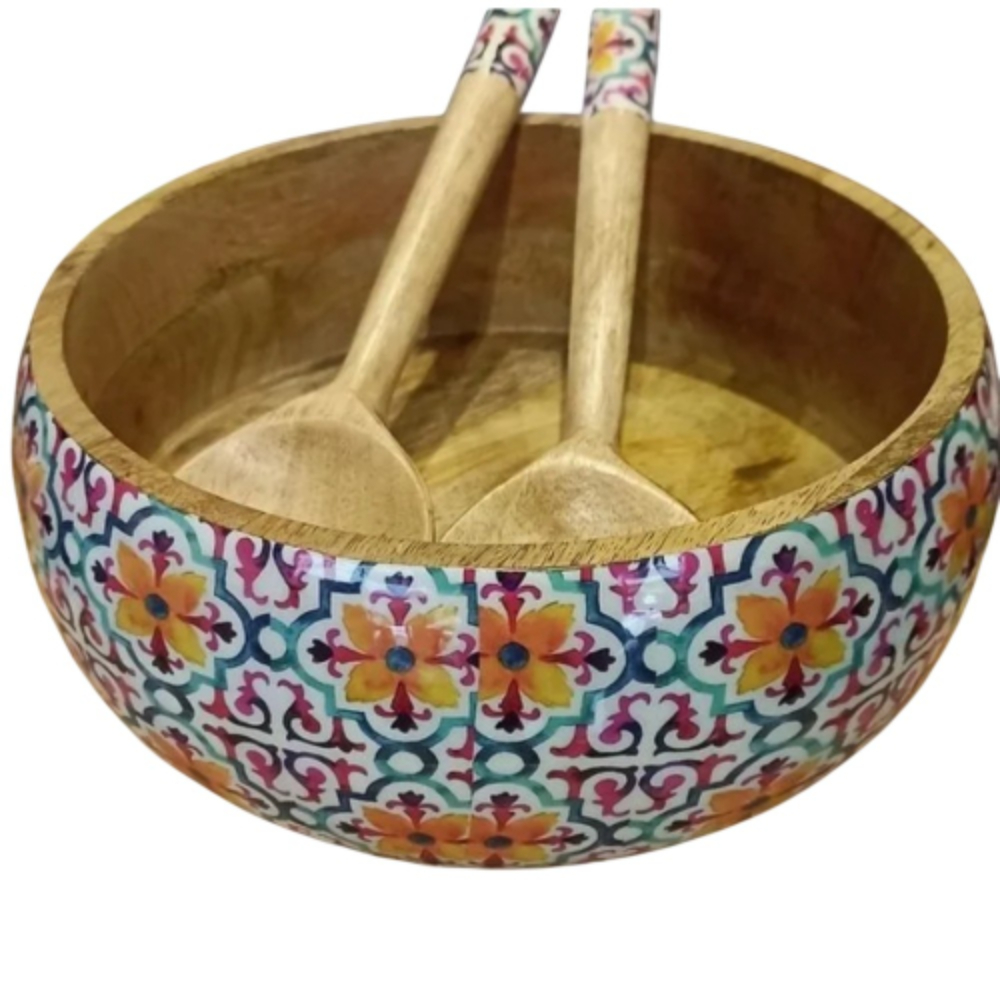 Vintage Wood Salad Bowl Set with Enamel Printed Mosaic Design Matching Wooden Servers