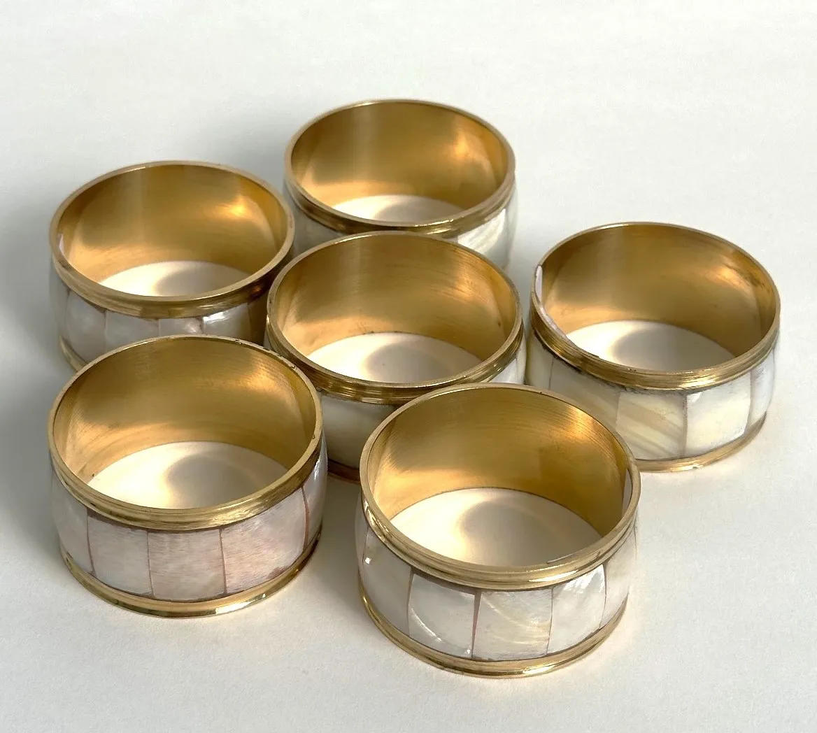 Brass & Mother of Pearl Napkin Rings – Set of 6