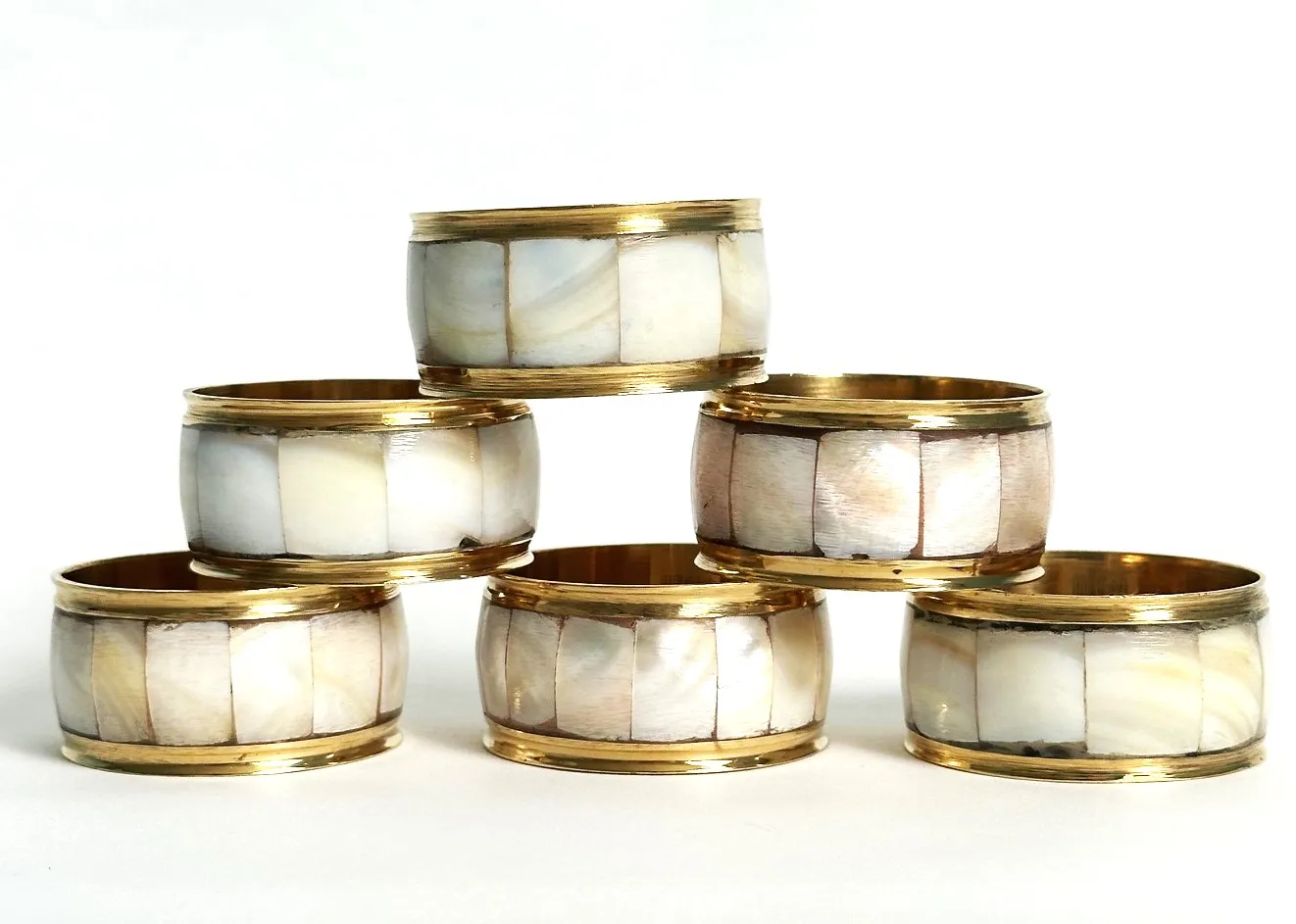 Brass & Mother of Pearl Napkin Rings – Set of 6 2