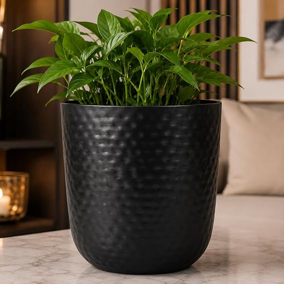 Black Hammered Metal Planter – Round Decorative Planter