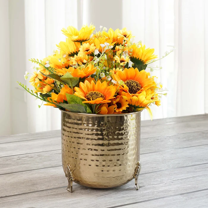 Gold Hammered Metal Planter with Decorative Feet – Round Planter 2