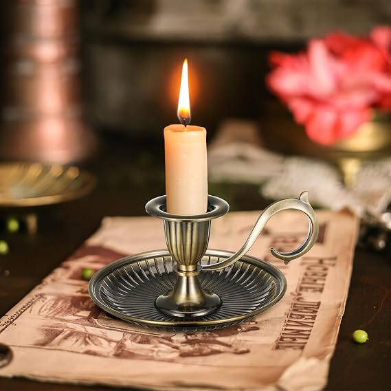 Antique Gold Finish Metal Chamberstick Candle Holder with Handle