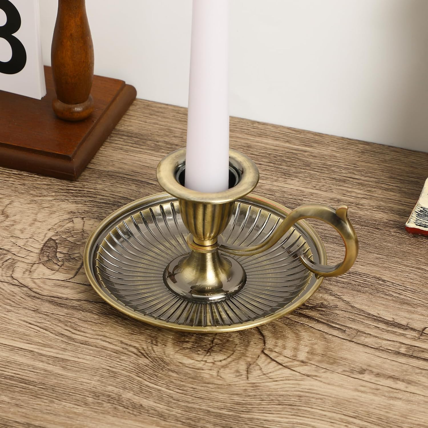 Antique Gold Finish Metal Chamberstick Candle Holder with Handle 3